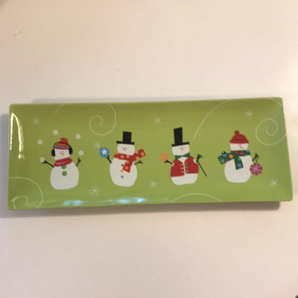 NWT snowman rectangular plate bright green for aperitifs cheese crackers fruit